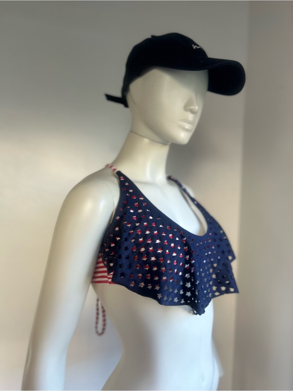 Xhilaration Red and White Striped Bikini Top with Navy Stars l swim top - Picture 7 of 8